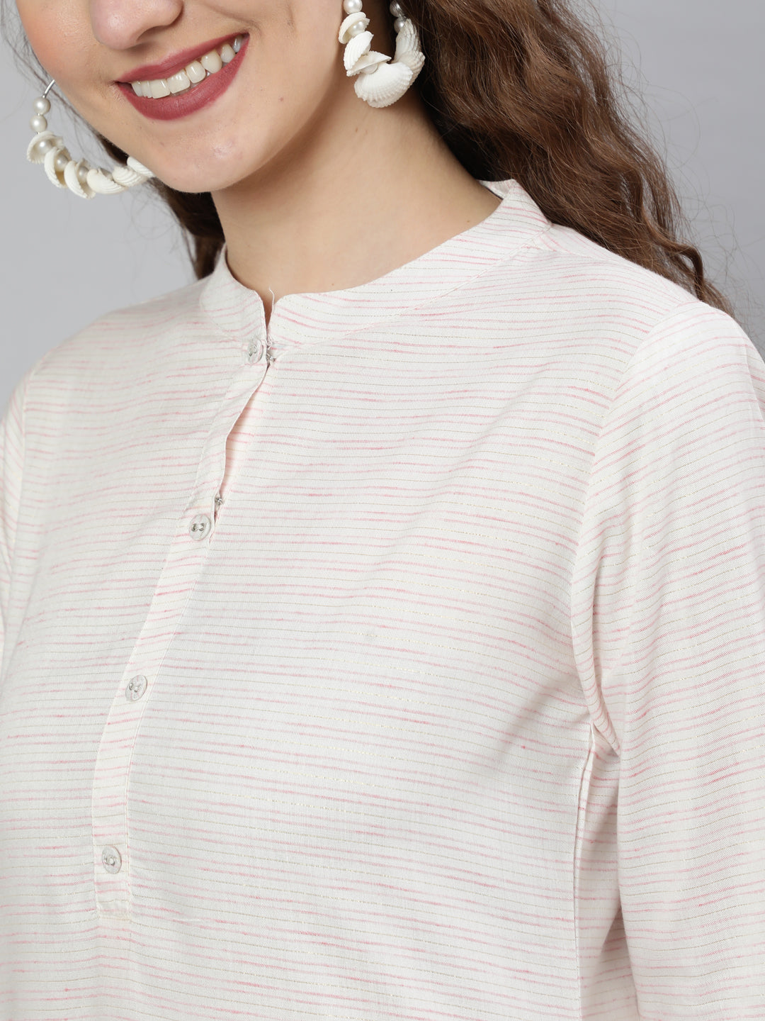 Women's Off-White and Pink Printed Straight Tunic With Three Quarter Sleeves