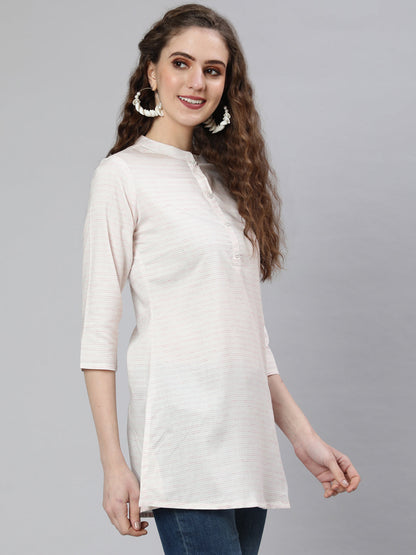 Women's Off-White and Pink Printed Straight Tunic With Three Quarter Sleeves