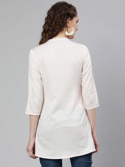 Women's Off-White and Pink Printed Straight Tunic With Three Quarter Sleeves