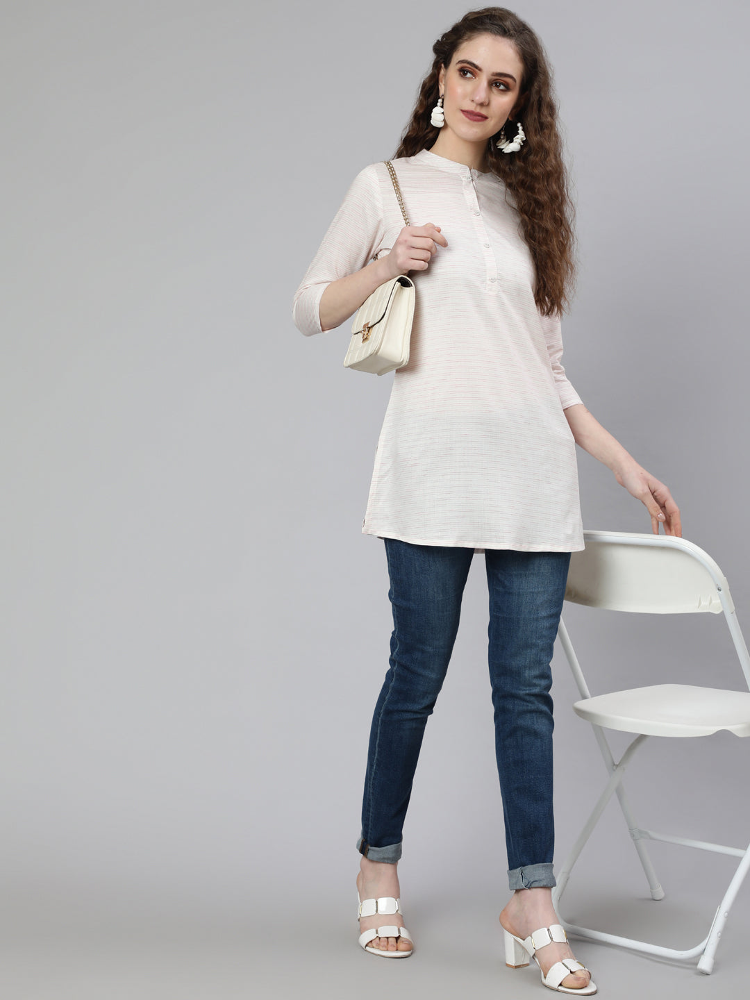 Women's Off-White and Pink Printed Straight Tunic With Three Quarter Sleeves