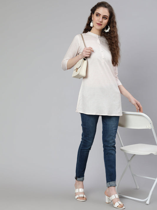 Women's Off-White and Pink Printed Straight Tunic With Three Quarter Sleeves