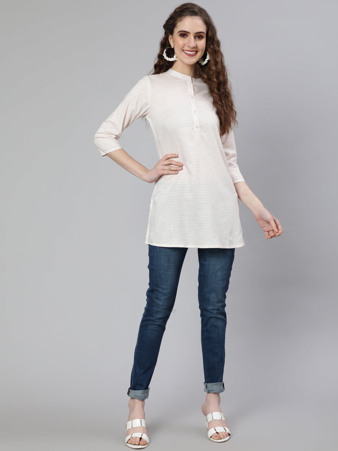 Women's Off-White and Pink Printed Straight Tunic With Three Quarter Sleeves