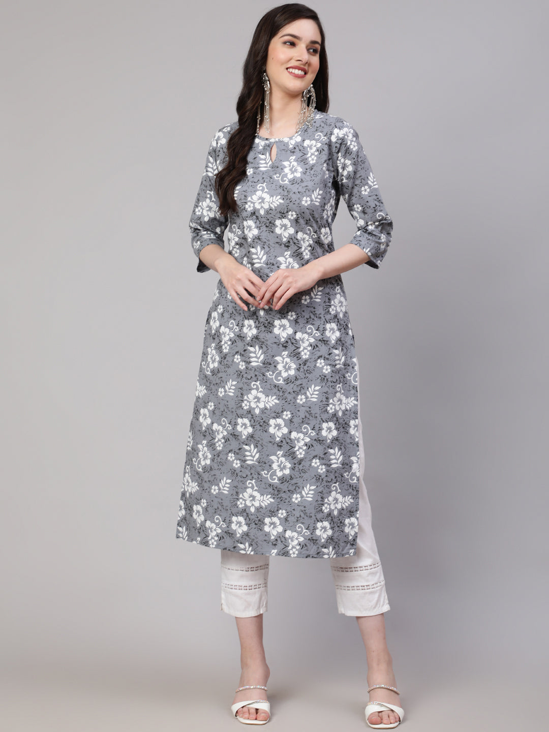 Women's Grey Ethnic Printed Straight Kurta With Three Quarter Sleeves