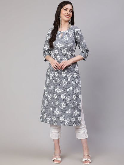 Women's Grey Ethnic Printed Straight Kurta With Three Quarter Sleeves