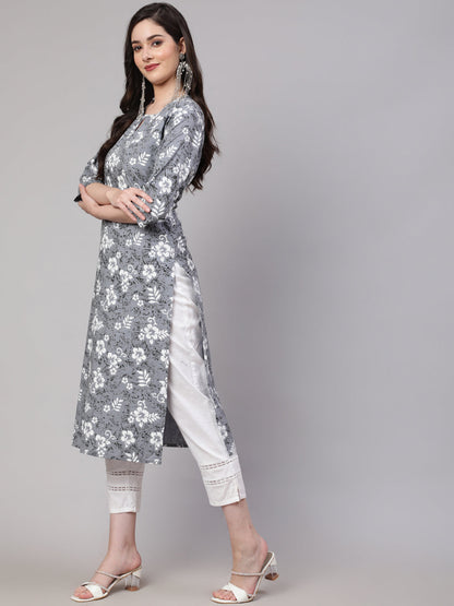 Women's Grey Ethnic Printed Straight Kurta With Three Quarter Sleeves