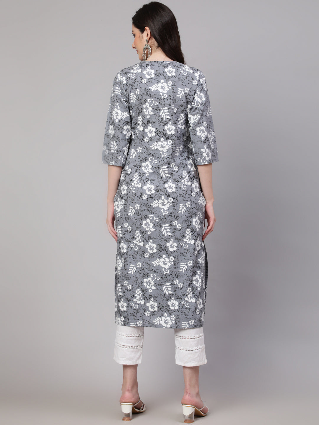 Women's Grey Ethnic Printed Straight Kurta With Three Quarter Sleeves
