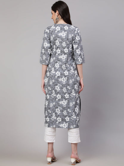 Women's Grey Ethnic Printed Straight Kurta With Three Quarter Sleeves