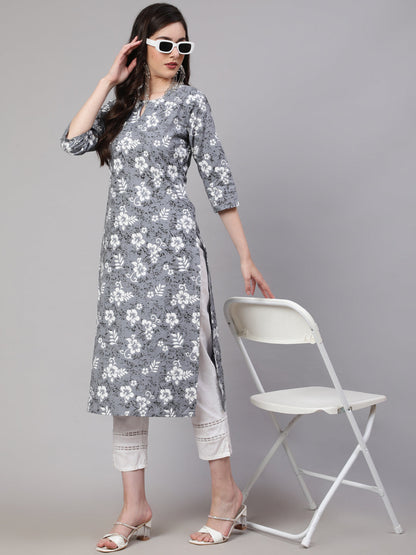 Women's Grey Ethnic Printed Straight Kurta With Three Quarter Sleeves