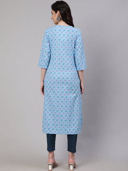 Women's Blue Ethnic Printed Straight Kurta with Three Quarter Sleeves
