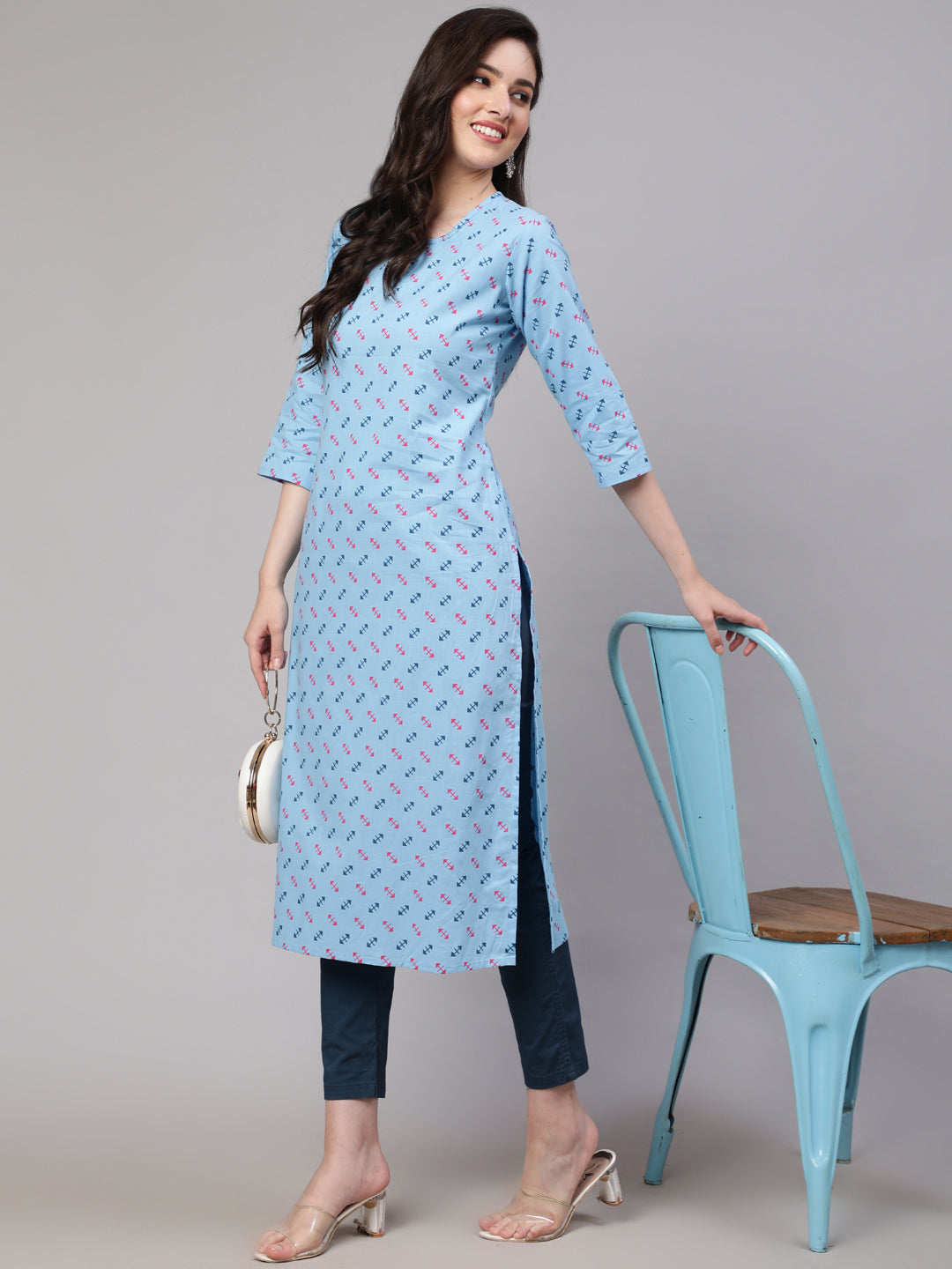 Women's Blue Ethnic Printed Straight Kurta with Three Quarter Sleeves