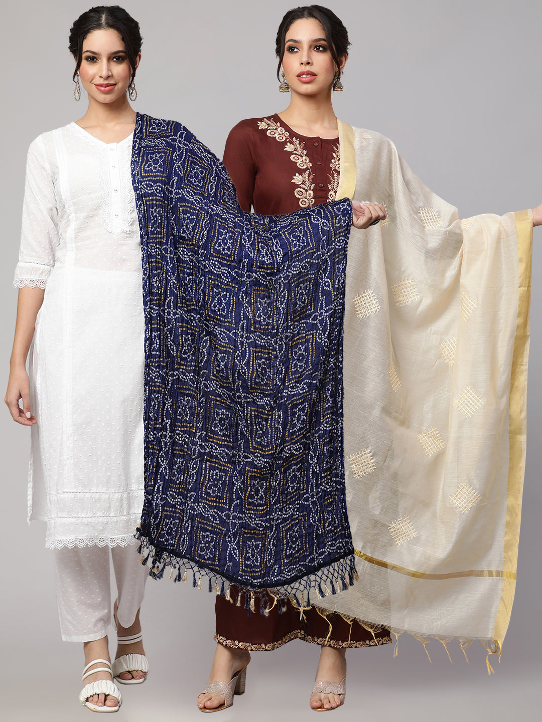 Women's Blue Bandhini And Beige Solid Dupatta Combo, Pack Of Two
