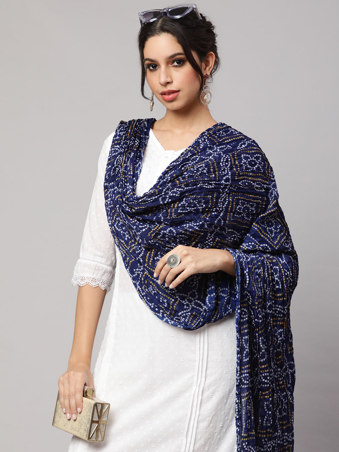 Women's Blue Bandhini And Beige Solid Dupatta Combo, Pack Of Two