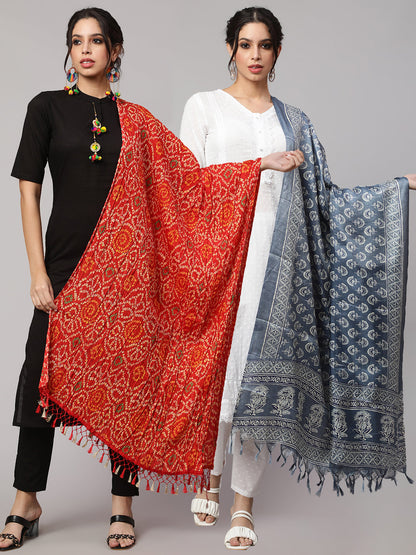 Women's Grey Printed And Red Bandhini Dupatta Combo, Pack Of Two