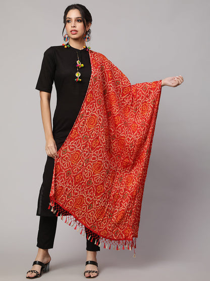 Women's Grey Printed And Red Bandhini Dupatta Combo, Pack Of Two