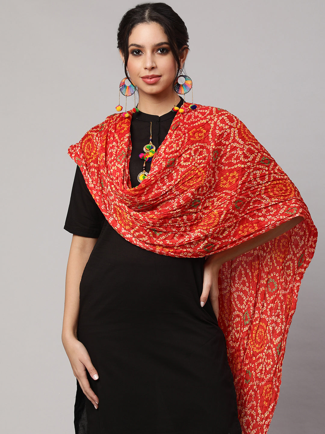 Women's Grey Printed And Red Bandhini Dupatta Combo, Pack Of Two