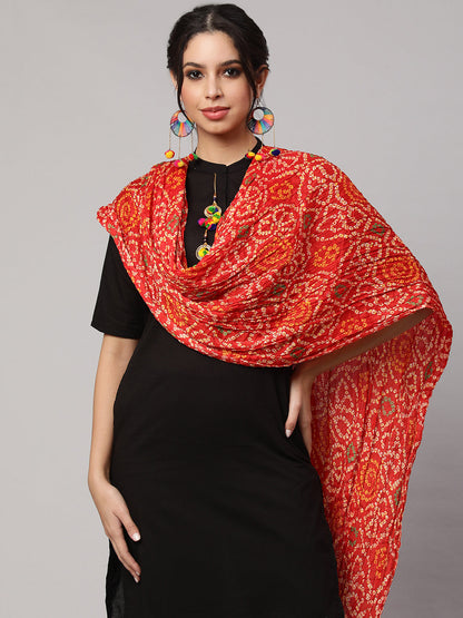 Women's Grey Printed And Red Bandhini Dupatta Combo, Pack Of Two