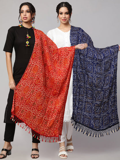 Women's Blue Bandhini And Red Bandhani Dupatta Combo, Pack Of Two