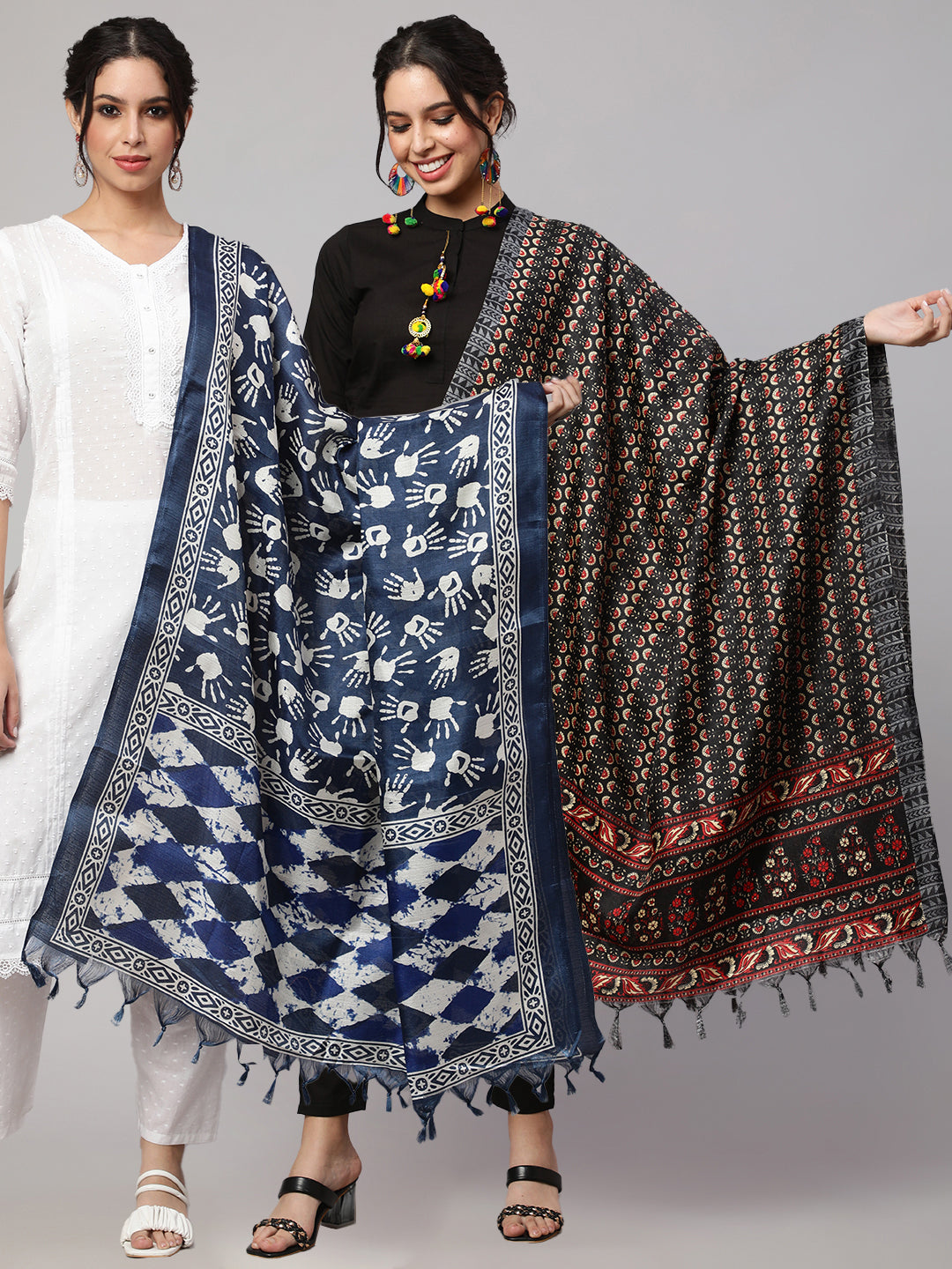 Women's Blue And Black Printed Dupatta Combo, Pack Of Two