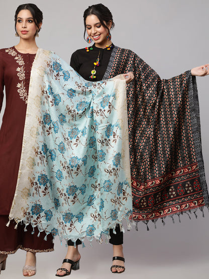 Women's Black And Beige Printed Dupatta Combo, Pack Of Two