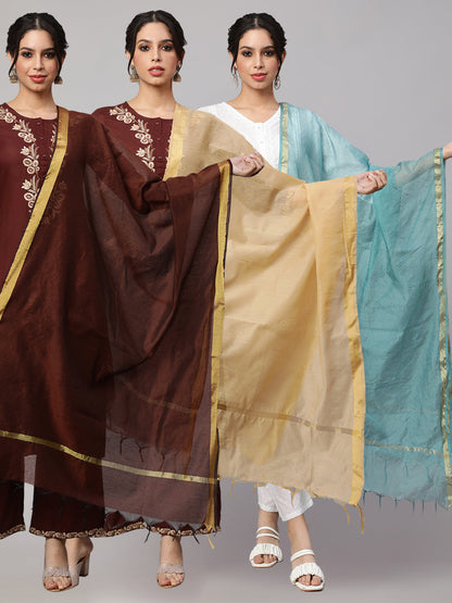Women's Dupatta combo, Pack Of Three Brown, Beige, & Blue