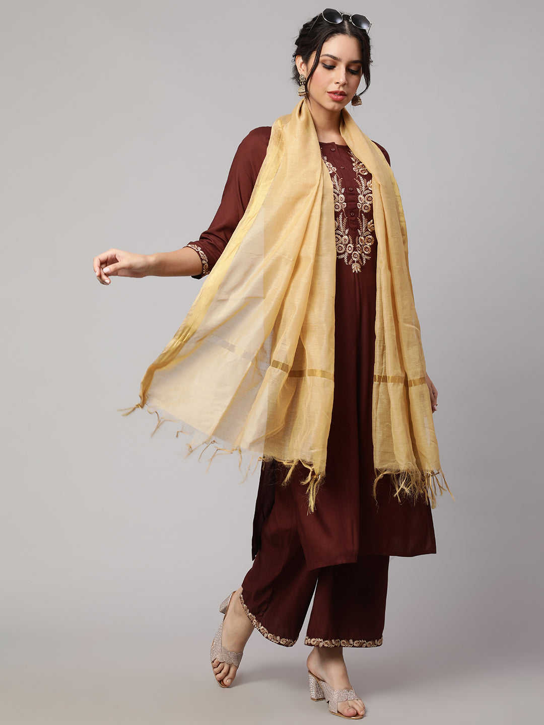 Women's Dupatta combo, Pack Of Three Brown, Beige, & Blue