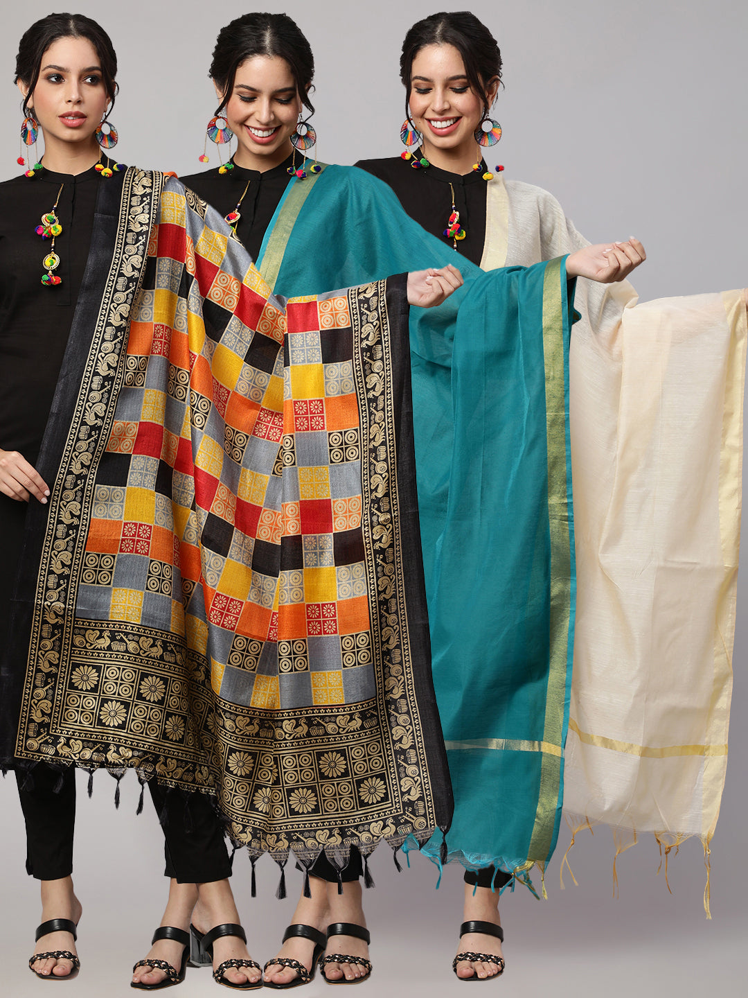 Women's Multi Printed and Solid Beige with Blue Dupatta Combo, Pack Of Three