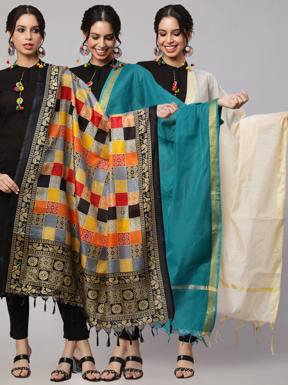 Women's Multi Printed and Solid Beige with Blue Dupatta Combo, Pack Of Three