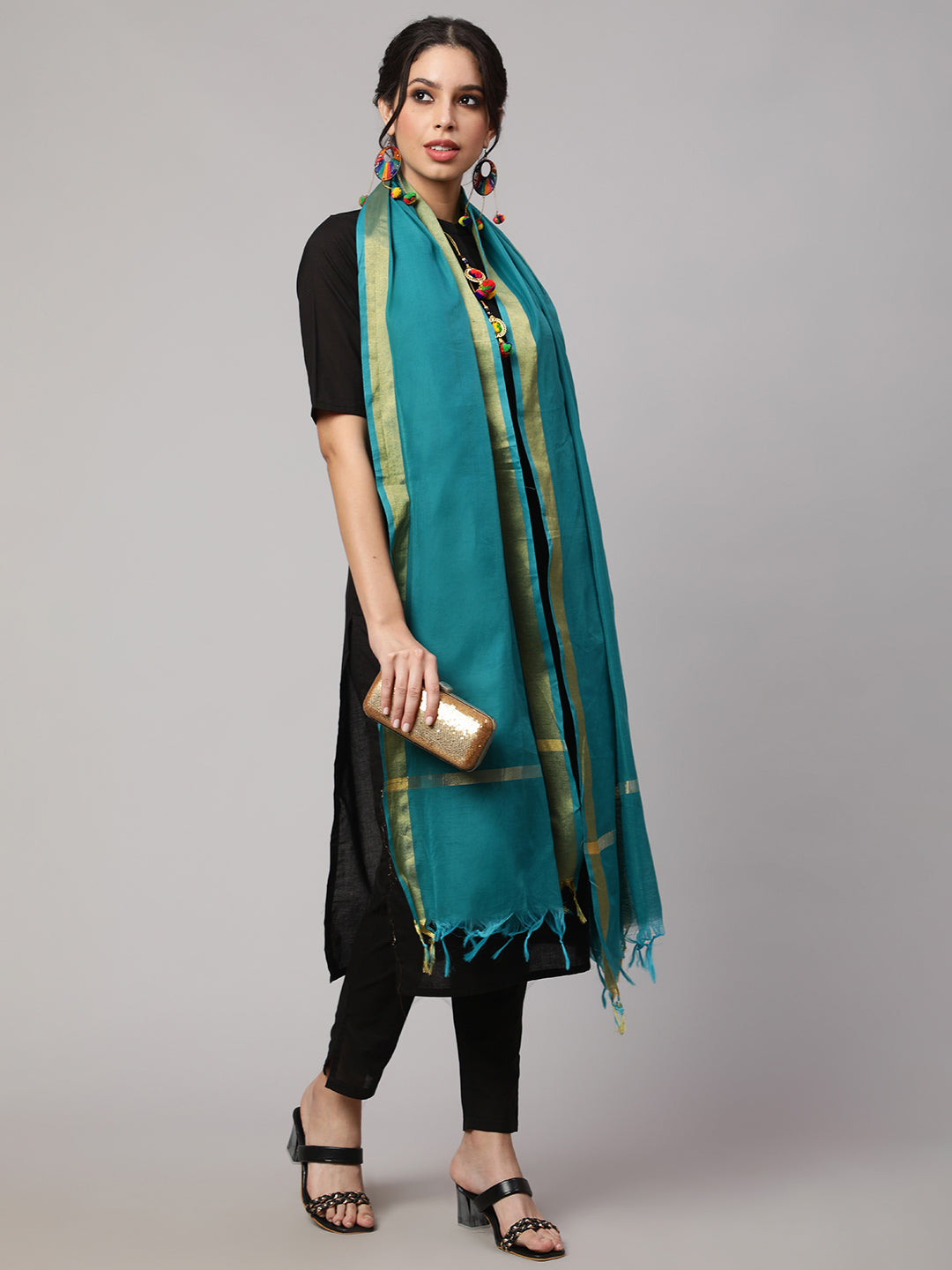 Women's Multi Printed and Solid Beige with Blue Dupatta Combo, Pack Of Three