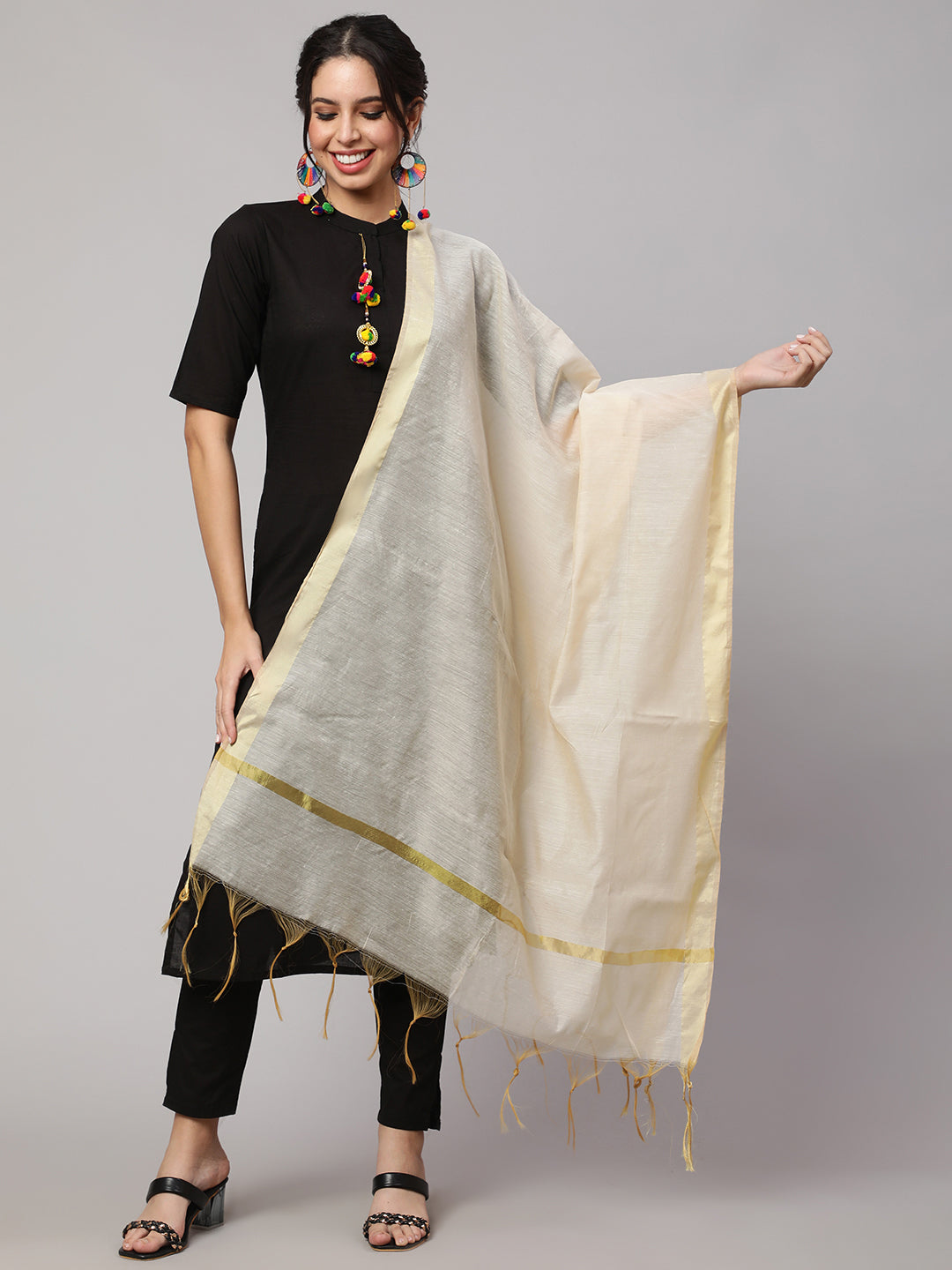 Women's Multi Printed and Solid Beige with Blue Dupatta Combo, Pack Of Three