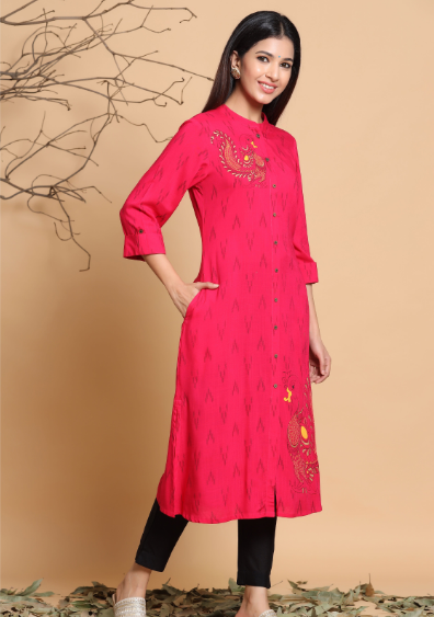 Rayon Slub Ikat Print A-Line Kurta With Mask
