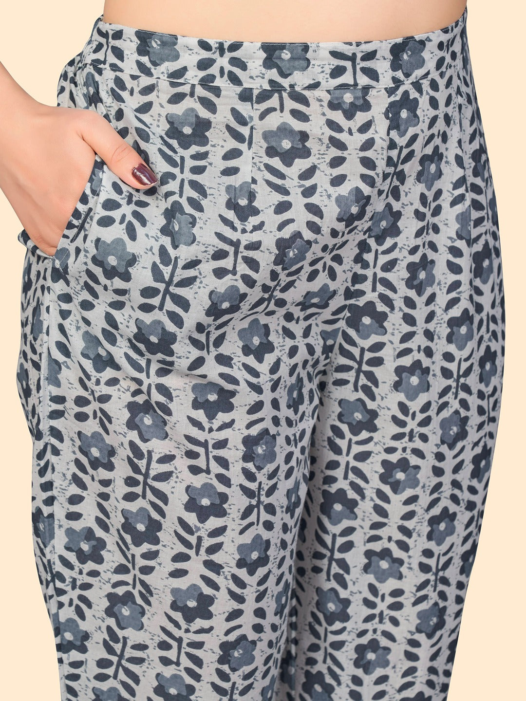 Women's Print & Embroidered Straight Cotton Grey Stitched Kurta Pant With Dupatta