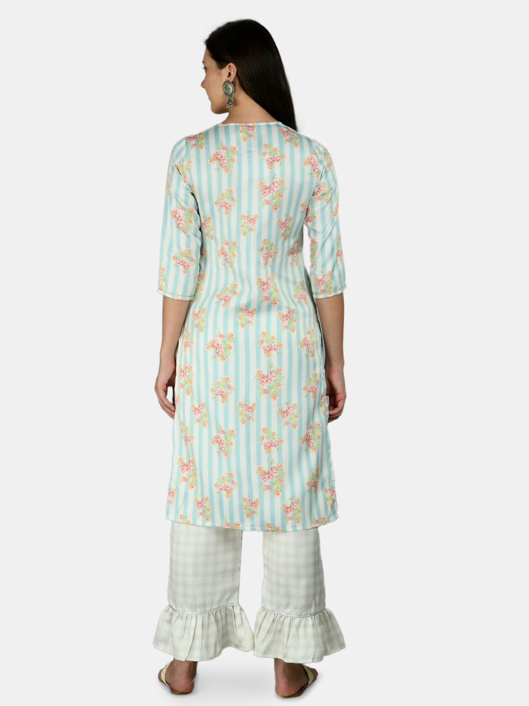 Women's Multi Silk Stripe Printed 3/4 Sleeve Round Neck Casual Kurta Palazzo Dupatta Set