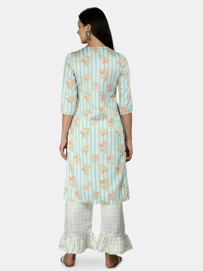 Women's Multi Silk Stripe Printed 3/4 Sleeve Round Neck Casual Kurta Palazzo Dupatta Set
