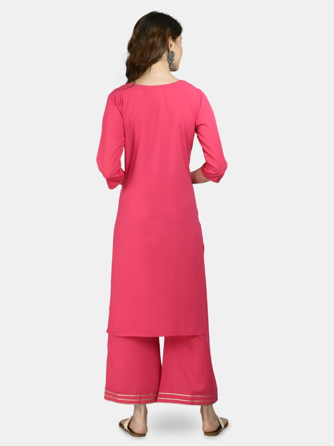 Women's Pink Viscose Solid 3/4 Sleeve V Neck Casual kurta Palazzo Dupatta Seta