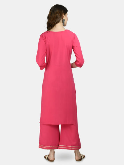 Women's Pink Viscose Solid 3/4 Sleeve V Neck Casual kurta Palazzo Dupatta Seta