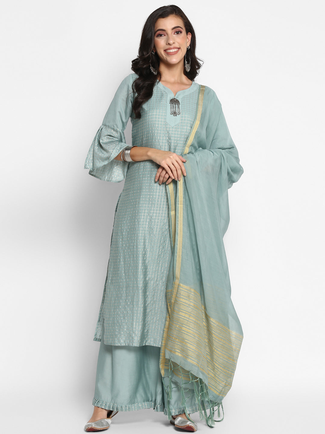 Women's Grey Color Silk Blend Straight Printed Kurta Palazzo With Dupatta