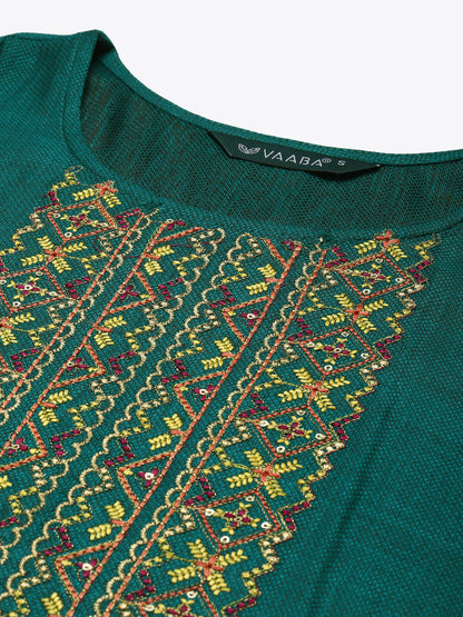 Women's Green Rayon Blend Embroidered Straight Kurta Trouser Set With Dupatta