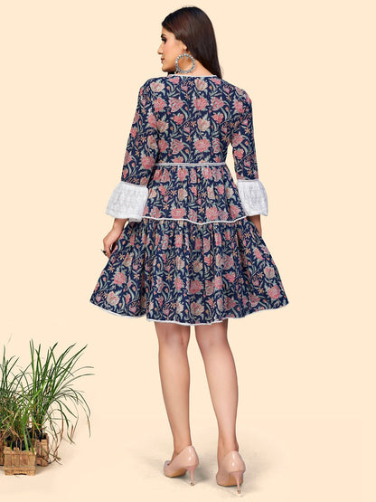 Women's Floral Print Flared Cotton Blue Stitched Dress