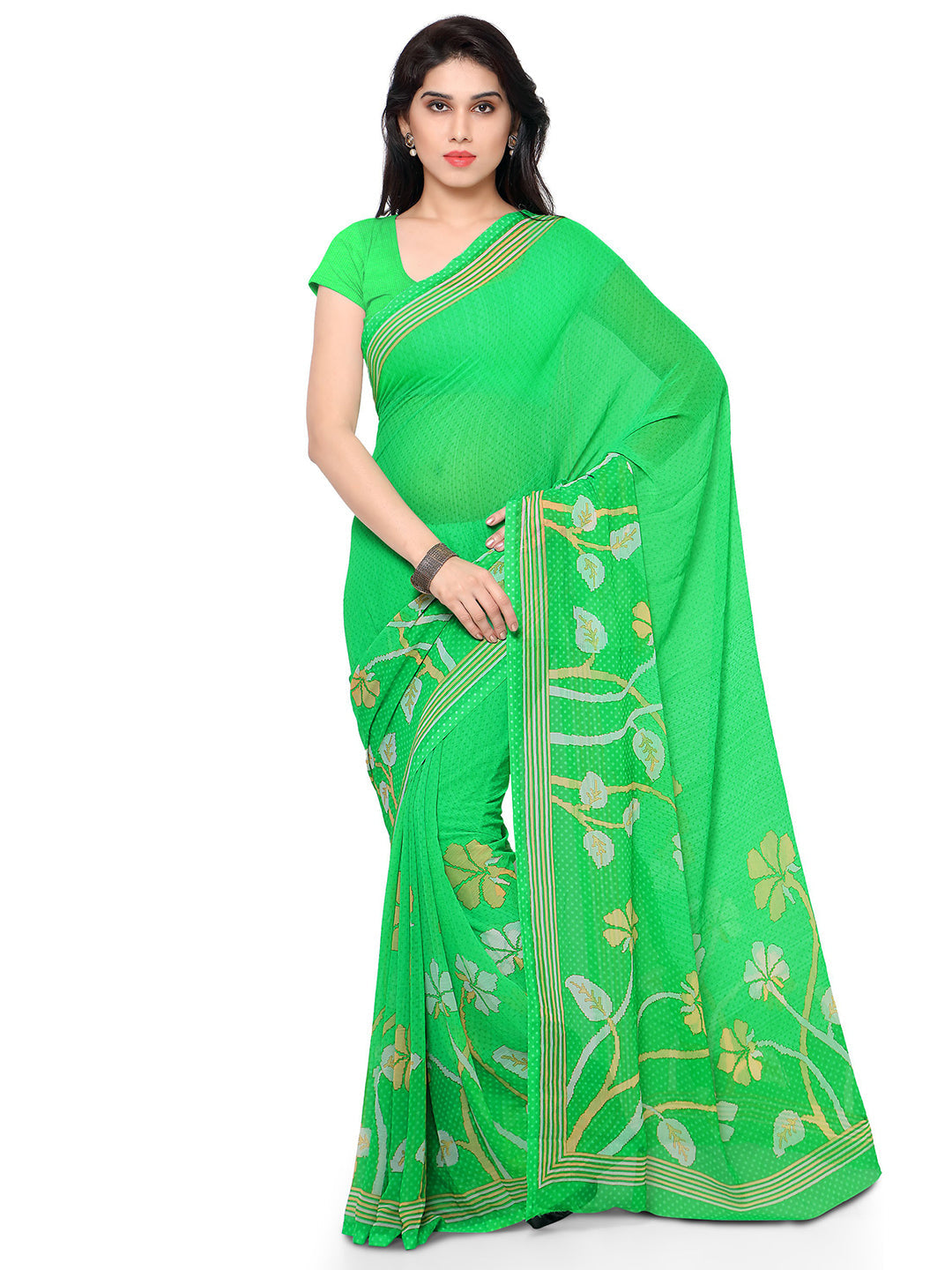 Women's Green Chiffon Printed Saree