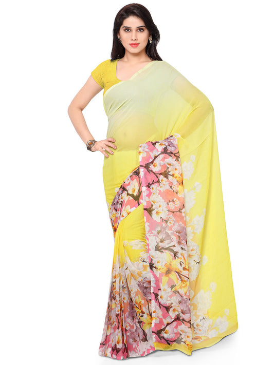 Women's Yellow Chiffon Printed Saree