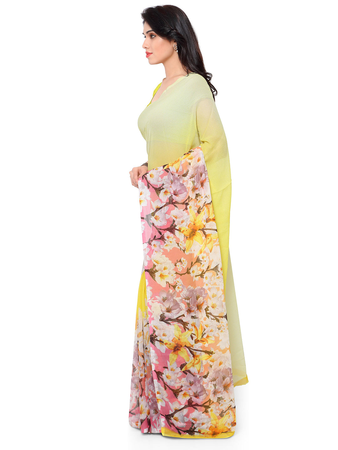 Women's Yellow Chiffon Printed Saree