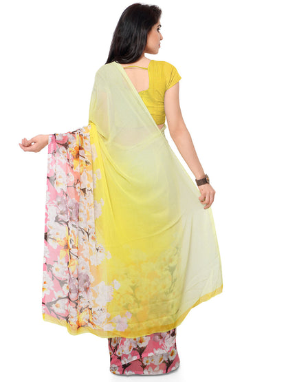 Women's Yellow Chiffon Printed Saree