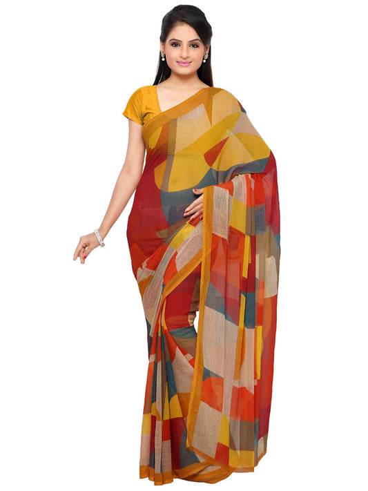 Women's Yellow Chiffon Printed Saree