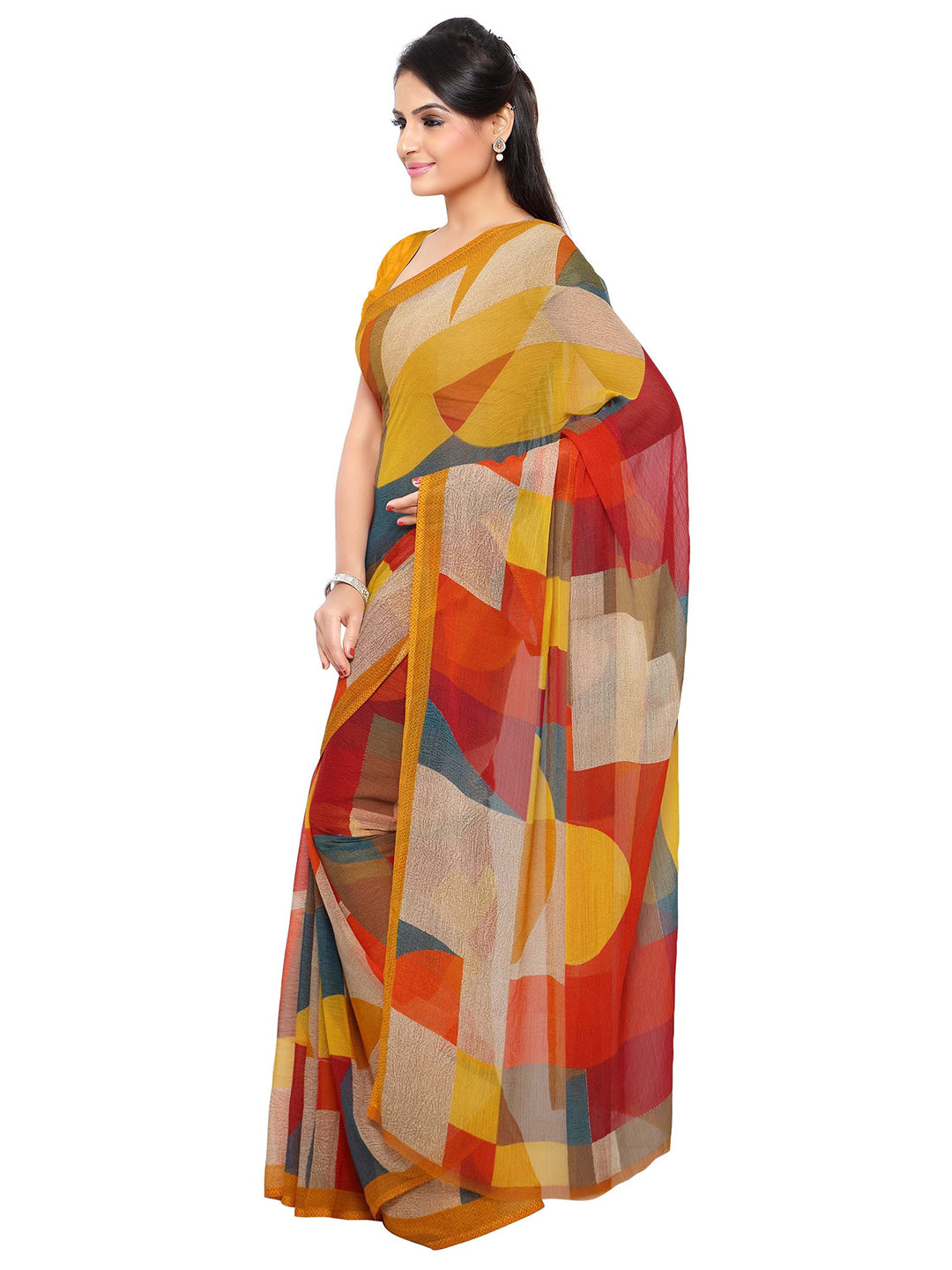Women's Yellow Chiffon Printed Saree