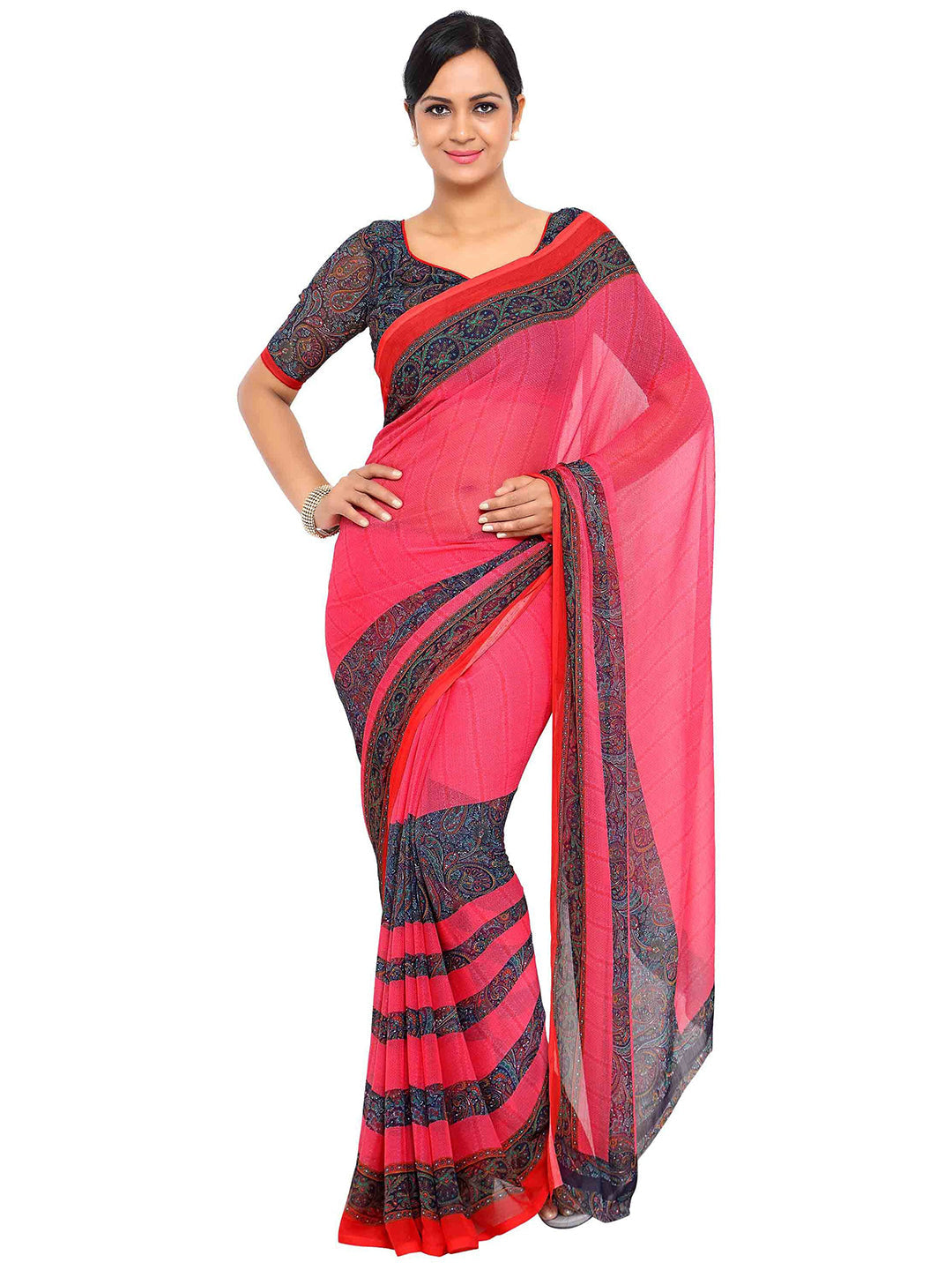 Women's Pink Chiffon Printed Saree