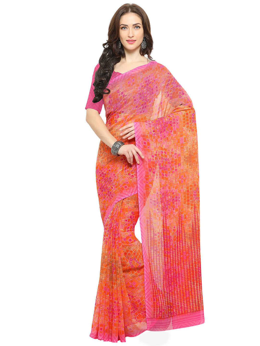 Women's Orange Chiffon Geometric Print Saree