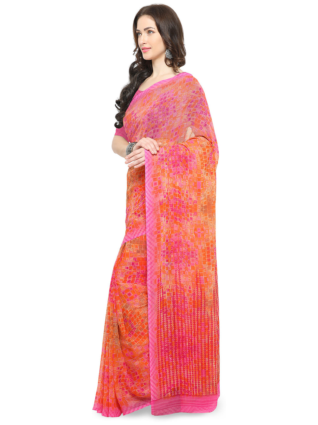 Women's Orange Chiffon Geometric Print Saree