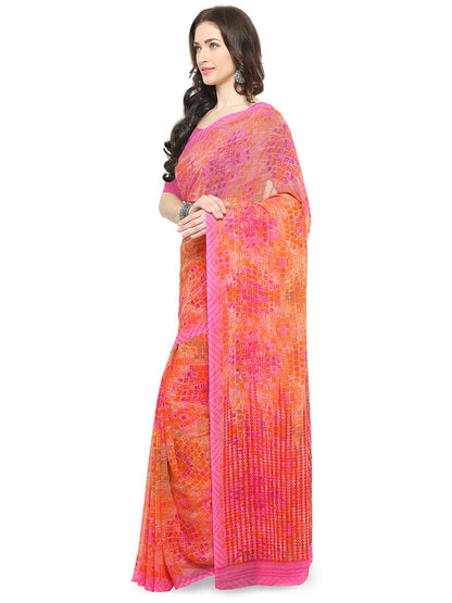 Women's Orange Chiffon Geometric Print Saree