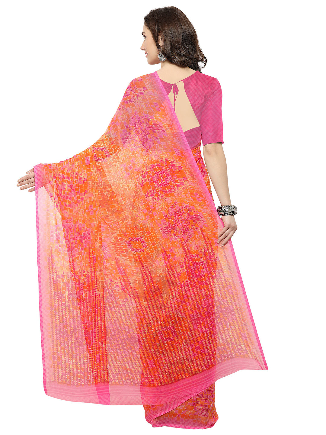 Women's Orange Chiffon Geometric Print Saree