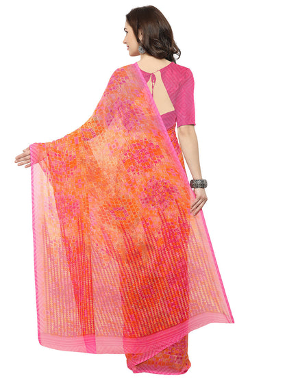 Women's Orange Chiffon Geometric Print Saree